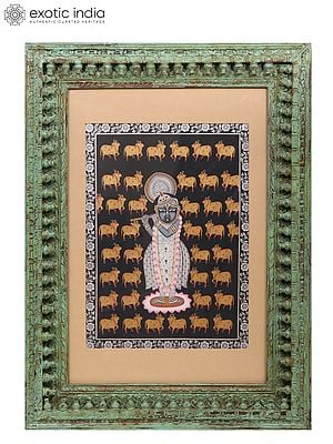 48" Shrinath Ji Surrounded By Kamdhenu Cow With Awesome Wood Frame | Watercolor On Cloth