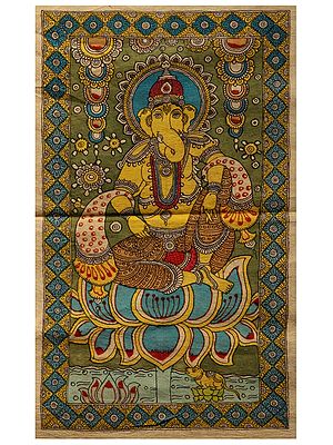 Seated Ganesha On Lotus | Kalamkari Painting On Cotton