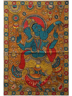 Blue Dancing Ganesha | Kalamkari Painting On Cotton