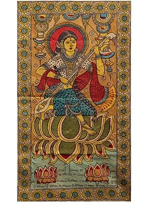 Goddess Saraswati on Lotus | Kalamkari Painting on Cotton