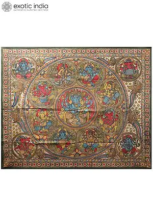 Ashta-Ganesha with Shakti Ganesha In Center | Kalamkari Painting