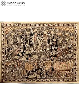 Ganesha, Lakshmi and Saraswati | Kalamkari Painting on Cotton