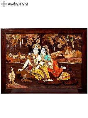 48" Beautiful Painting Of Radha And Krishna | Natural Color On 3D Wood Painting With Inlay Work