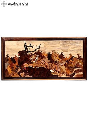 48" Attacking Tiger | Natural Color On Wood Painting With Inlay Work