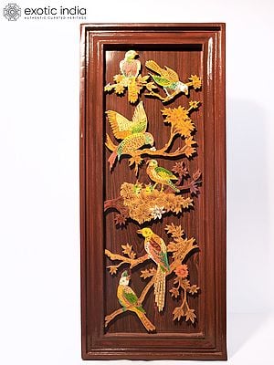 31" Birds Life On Tree | Natural Color On 3D Wood Painting With Inlay Work