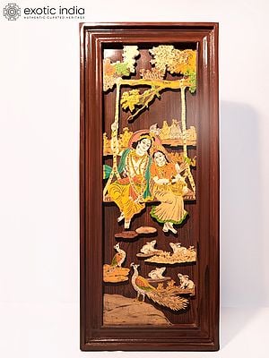 31" Radha And Krishna Swinging | Natural Color On 3D Wood Painting With Inlay Work