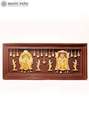 31" Lord Balaji With Goddess Padmavati | Natural Color On 3D Wood Painting With Inlay Work