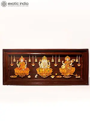 31" Seated Lakshmi, Ganesha And Saraswati | Natural Color On 3D Wood Painting With Inlay Work