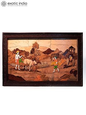 36" Beautiful Landscape Of Village | Natural Color On 3D Wood Painting With Inlay Work