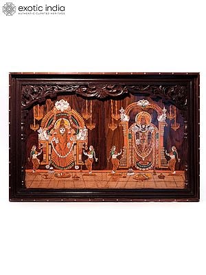 36" Devotees Worship Of Lord Balaji And Goddess Padmavati | Natural Color On Wood Panel With Inlay Work