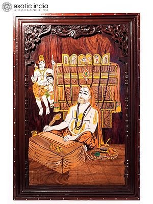 36" Saint With Rama And Krishna | Natural Color On Wood Panel With Inlay Work