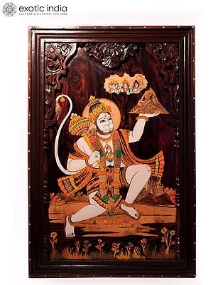 36" Lord Hanuman And Brahma Vishnu Mahesh | Natural Color On Wood Panel With Inlay Work