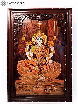 36" Chaturbhuja Goddess Lakshmi | Natural Color On Wood Panel With Inlay Work