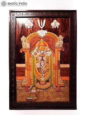 36" Standing Lord Venkateshwara | Natural Color On 3D Wood Painting With Inlay Work