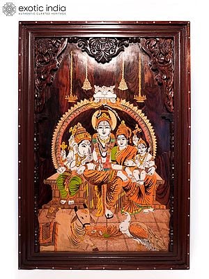 36" The Shiva Family | Natural Color On Wood Panel With Inlay Work