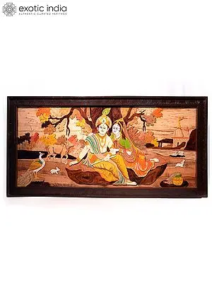 48" Divine Radha And Krishna In Vrindavan | Natural Color On 3D Wood Painting With Inlay Work
