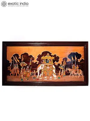 48" Royal Ride Of King On Elephant | Natural Color On Wood Panel With Inlay Work