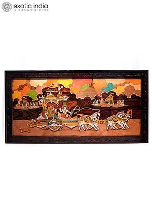 48" Geeta Updesh Wood Panel For Wall | Natural Color On 3D Wood Painting With Inlay Work