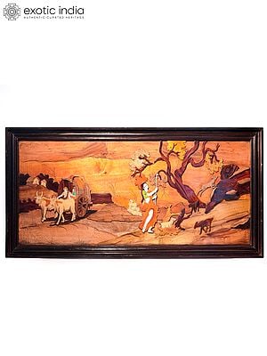 48" Shepherd Lady And Bullock Cart In Village | Natural Color On 3D Wood Painting With Inlay Work