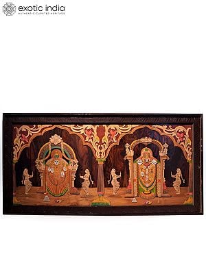 48" Beautiful Lord Balaji And Goddess Padmavati | Natural Color On 3D Wood Painting With Inlay Work