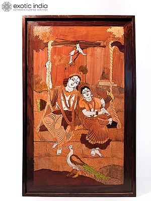 31" Radha And Krishna On The Swing | Natural Color On Wood Panel With Inlay Work