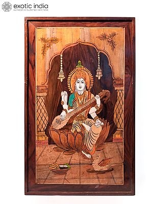 31" Goddess Saraswati With Sitar | Natural Color On Wood Panel With Inlay Work