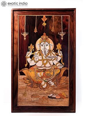 31" Beautiful Ganesha On Lotus | Natural Color On Wood Panel With Inlay Work