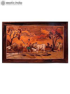 31" Farmer With Cows - Village Life | Natural Color On Wood Panel With Inlay Work