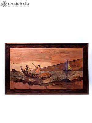 31" The Sailors On Boat | Natural Color On Wood Panel With Inlay Work