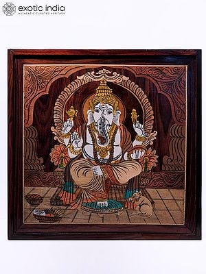 19" Beautiful Lord Ganesha On Throne | Natural Color On Wood Panel With Inlay Work
