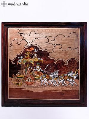 19" Lord Krishna Guide To Arjuna For War | Natural Color On Wood Panel With Inlay Work