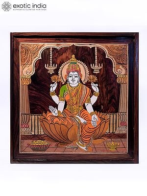 19" Prosperous Goddess Lakshmi | Natural Color On Wood Panel With Inlay Work