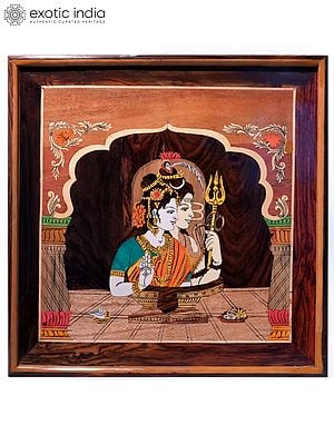 19" Divine Darshan Of Shiva And Parvati | Natural Color On Wood Panel With Inlay Work