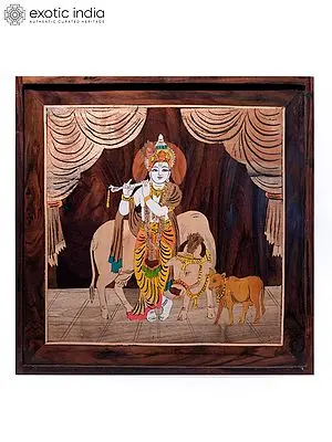 19" Lord Krishna With Cows | Natural Color On Wood Panel With Inlay Work
