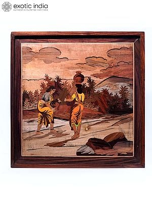 19" Village Women Carrying Matka | Natural Color On Wood Panel With Inlay Work