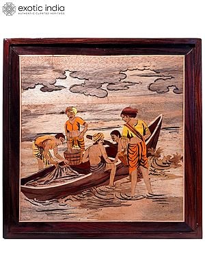 19" Fishermen In The Boat | Natural Color On Wood Panel With Inlay Work