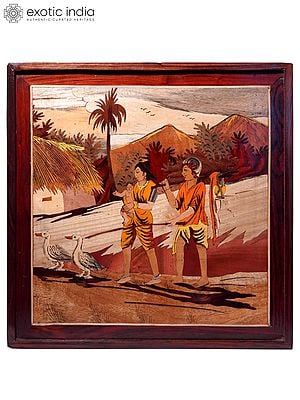 19" Sweet Couple With Baby - Rural Life | Natural Color On Wood Panel With Inlay Work
