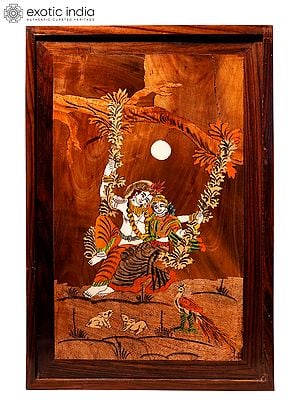 19" Swinging Radha And Krishna In Sunset | Natural Color On Wood Panel With Inlay Work