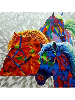 Cubist Style 3 Horses | Acrylic Art | Painting by Gokulam Vijay