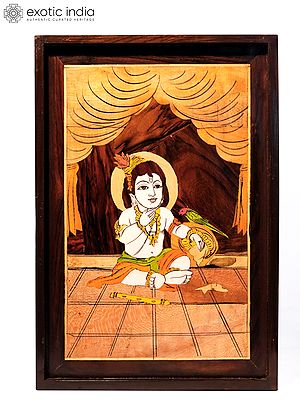 19" Little Krishna Eating Butter | Natural Color On Wood Panel With Inlay Work