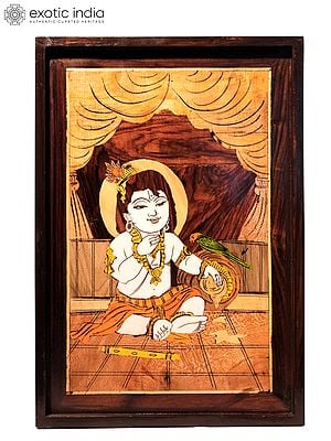 19" Little Krishna Playing With Parrot | Natural Color On Wood Panel With Inlay Work