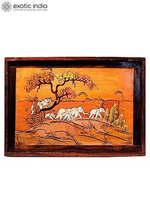 19" Beautiful White Elephant's Family | Natural Color On Wood Panel With Inlay Work