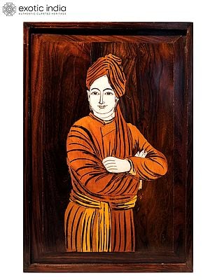 19" Beautiful Portrait Of Swami Vivekanand Ji | Natural Color On Wood Panel With Inlay Work