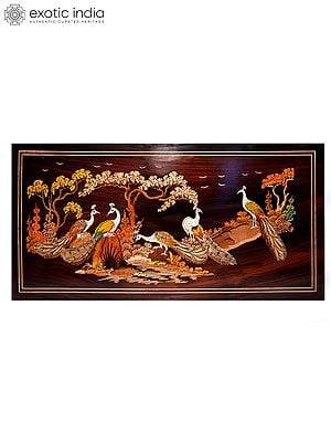 30" Many Attractive Peacock's In Jungle | Natural Color On 3D Wood Painting With Inlay Work