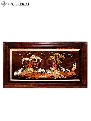 27" Herd Of Roaring Elephant's In Jungle | Natural Color On 3D Wood Painting With Inlay Work