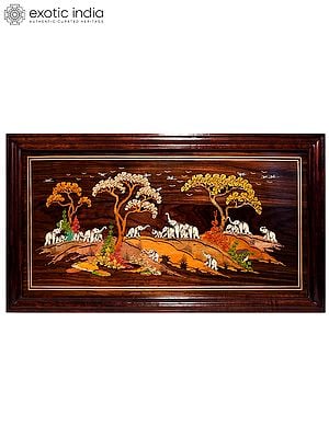 33" Attractive Many Elephants In Lake Side | Natural Color On 3D Wood Painting With Inlay Work