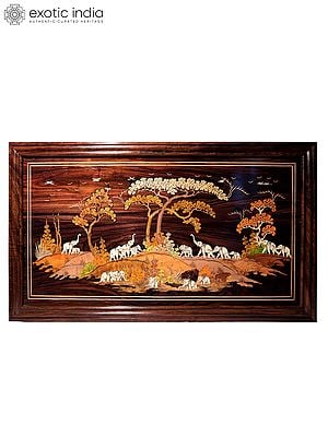 36" Happy Family Of Elephants | Natural Color On 3D Wood Painting With Inlay Work