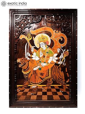 36" Ashtabhuja Goddess Durga | Natural Color On Wood Panel With Inlay Work