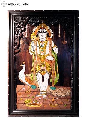 36" Divine Lord Murugan | Natural Color On Wood Panel With Inlay Work