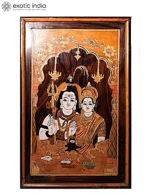 21" Attractive Couple Of Lord Shiva And Goddess Parvati | Natural Color On Wood Panel With Inlay Work